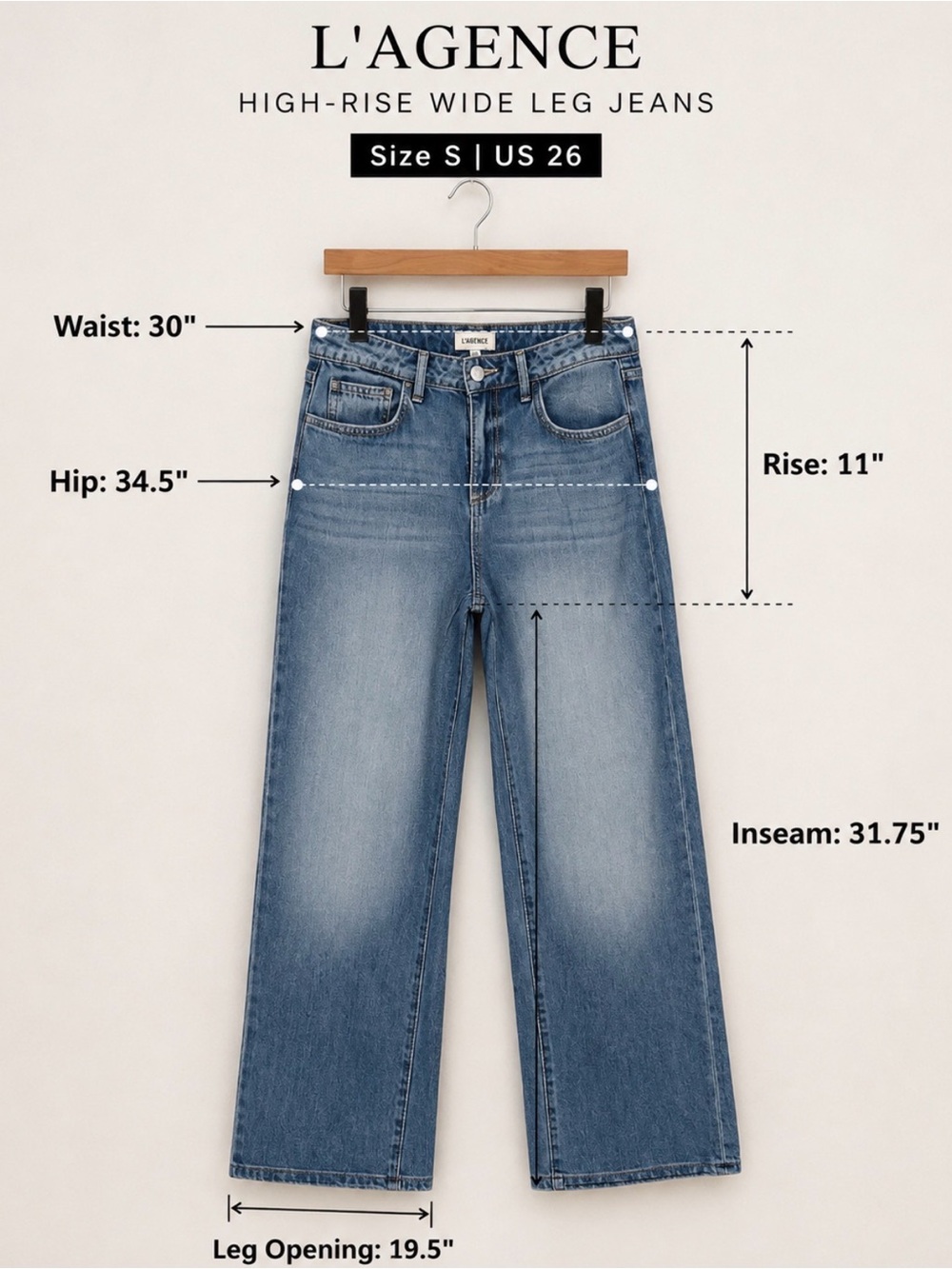 L'AGENCE Medium Blue High-Rise Wide Leg Jeans - Picture 3 of 3